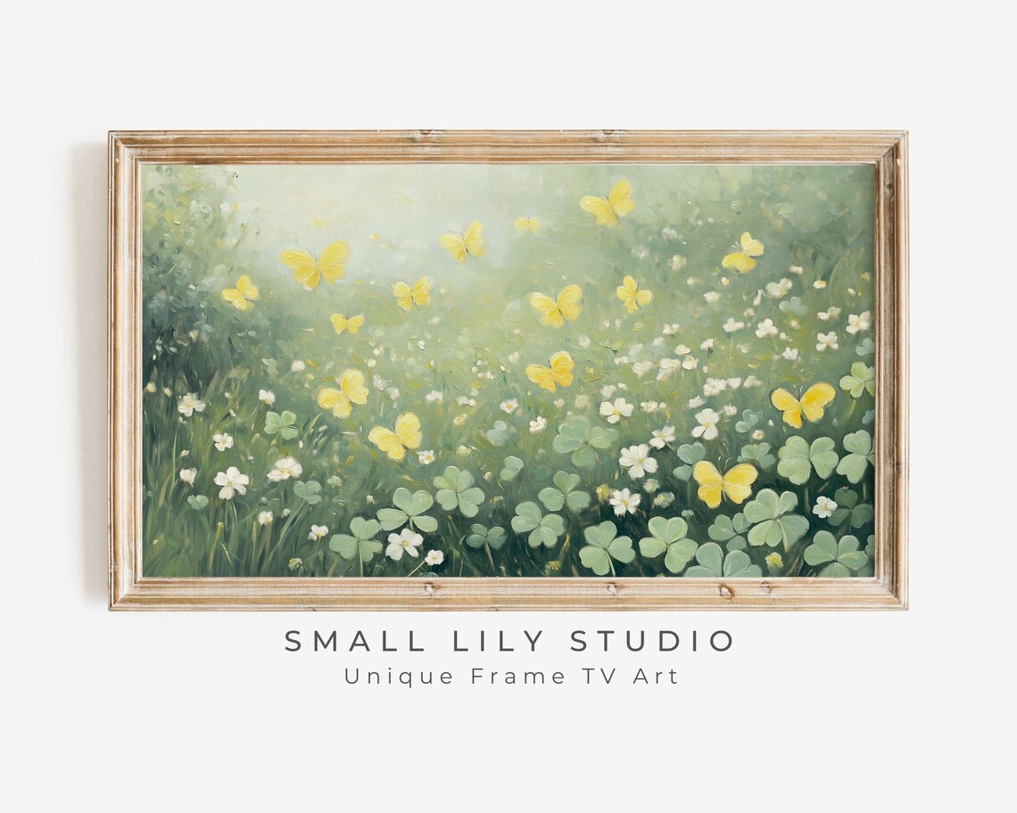 Yellow Butterflies Over Green Clover Meadow Spring Painting Poster