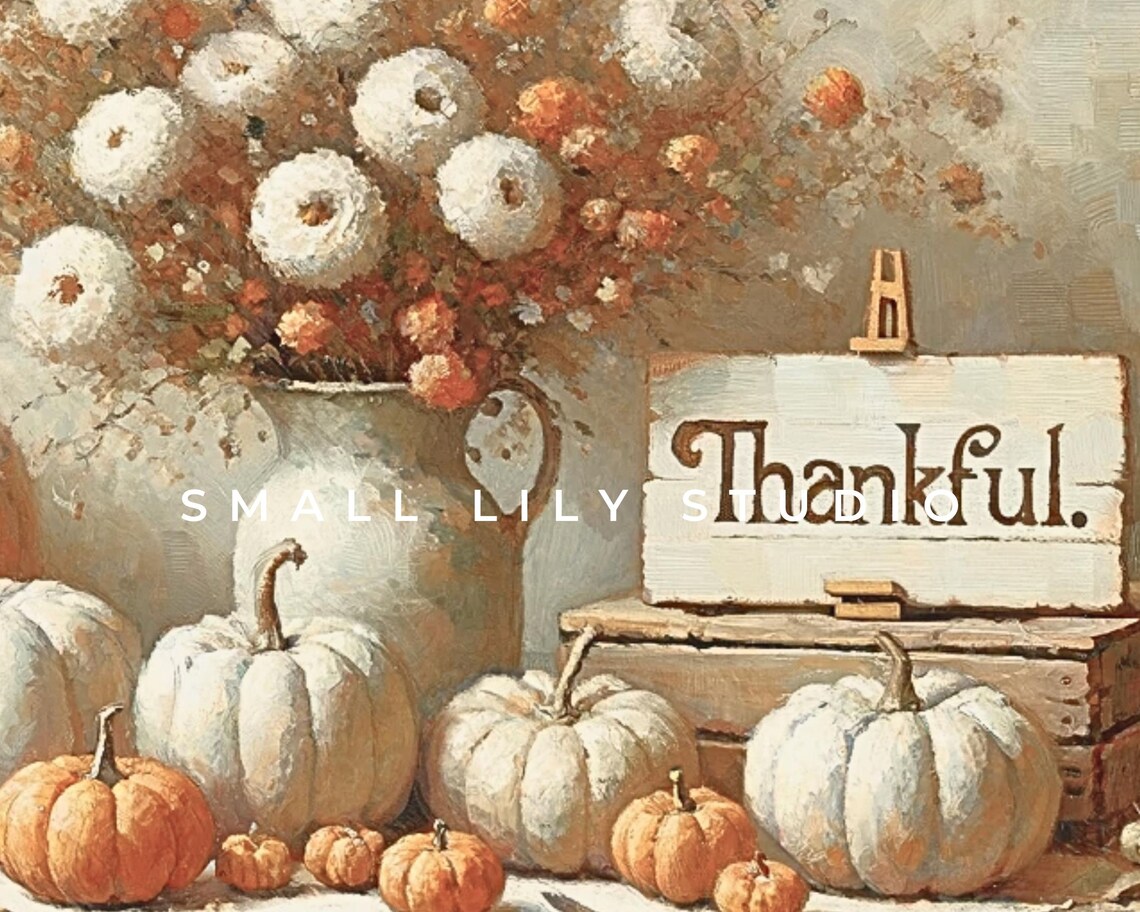 Thankful Sign With White Pumpkins And Flowers Thanksgiving Poster - Image 4