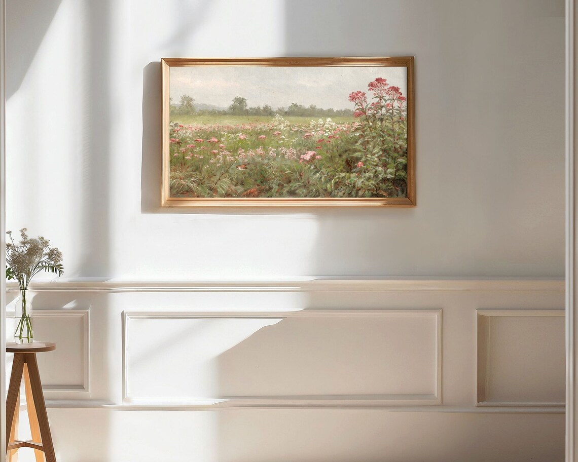 Pink Wildflower Meadow Spring Field Vintage Floral Landscape Painting Poster - Image 3