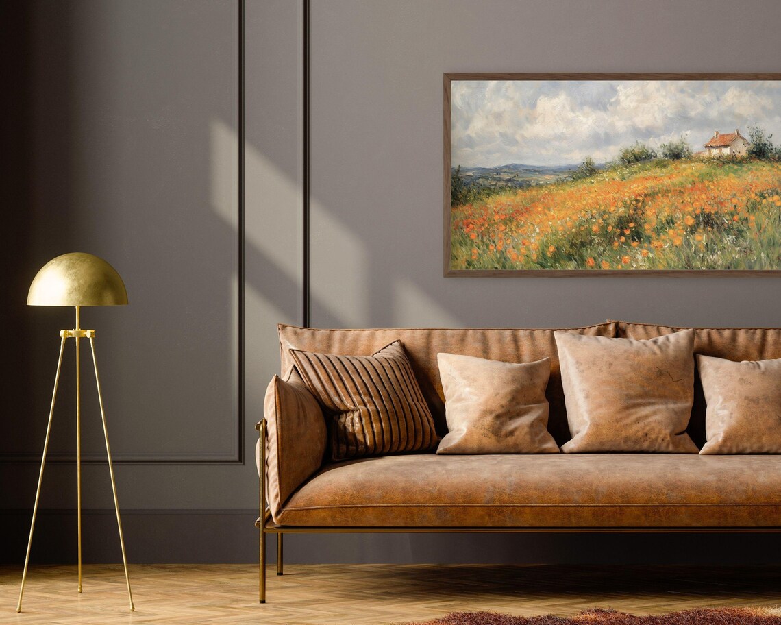 Orange Poppy Field On Hill With Distant Farmhouse Vintage Poster - Image 2