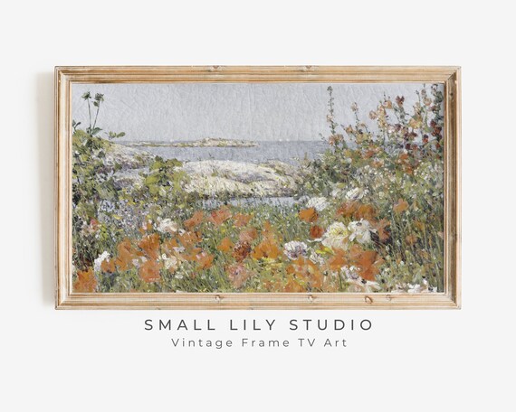 Orange Poppies Wildflowers By Rocky Coast Sea View Vintage Poster