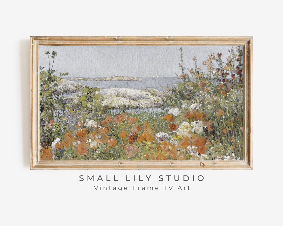 Orange Poppies Wildflowers By Rocky Coast Sea View Vintage Poster