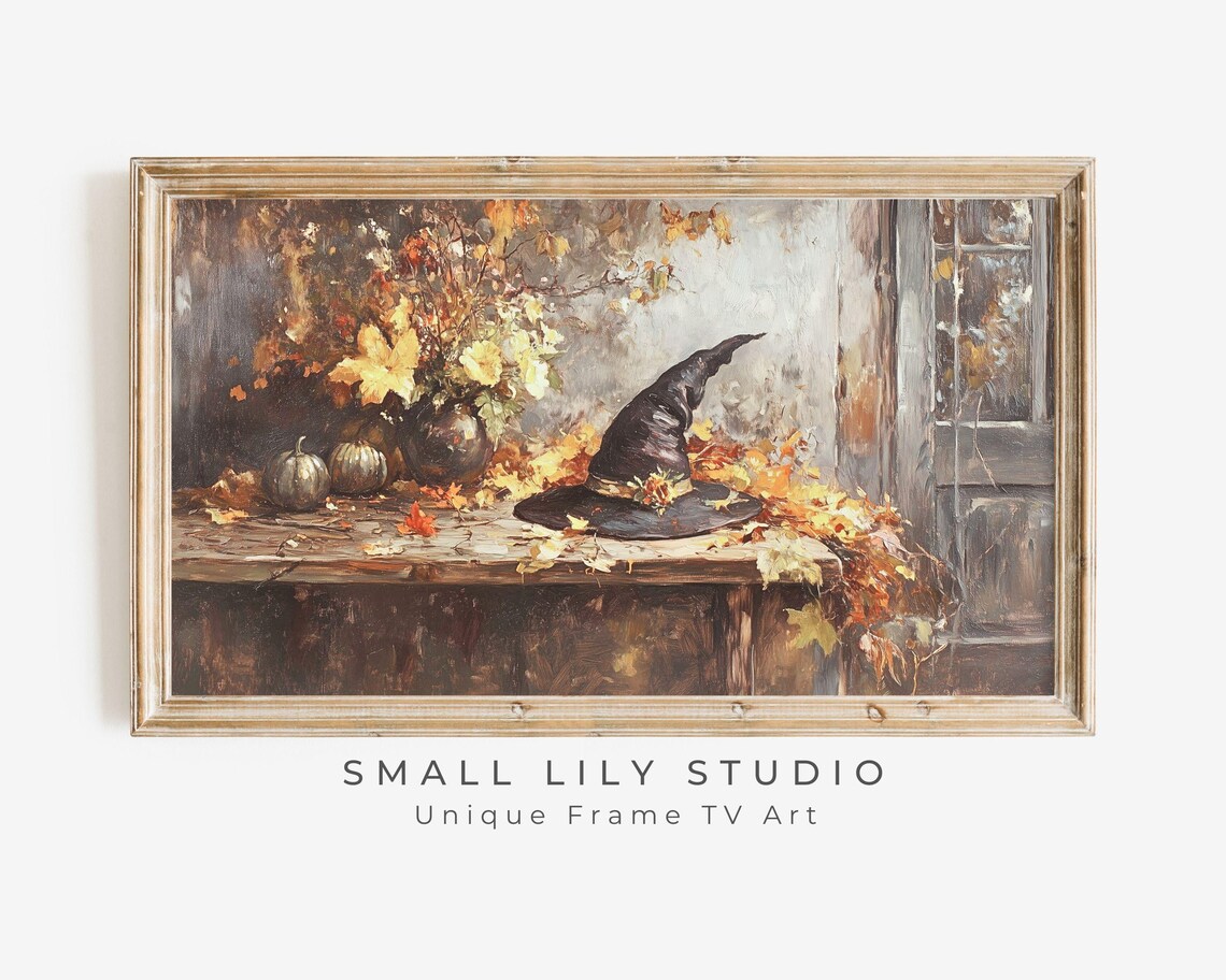 Witch's Hat in Fall Leaves, Rustic Vintage Halloween Art
