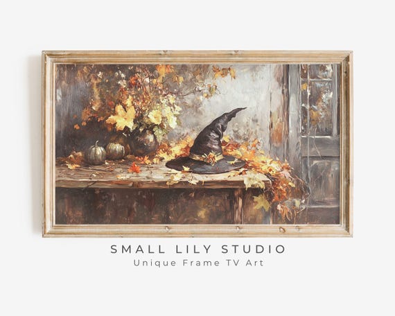 Witch's Hat in Fall Leaves, Rustic Vintage Halloween Art