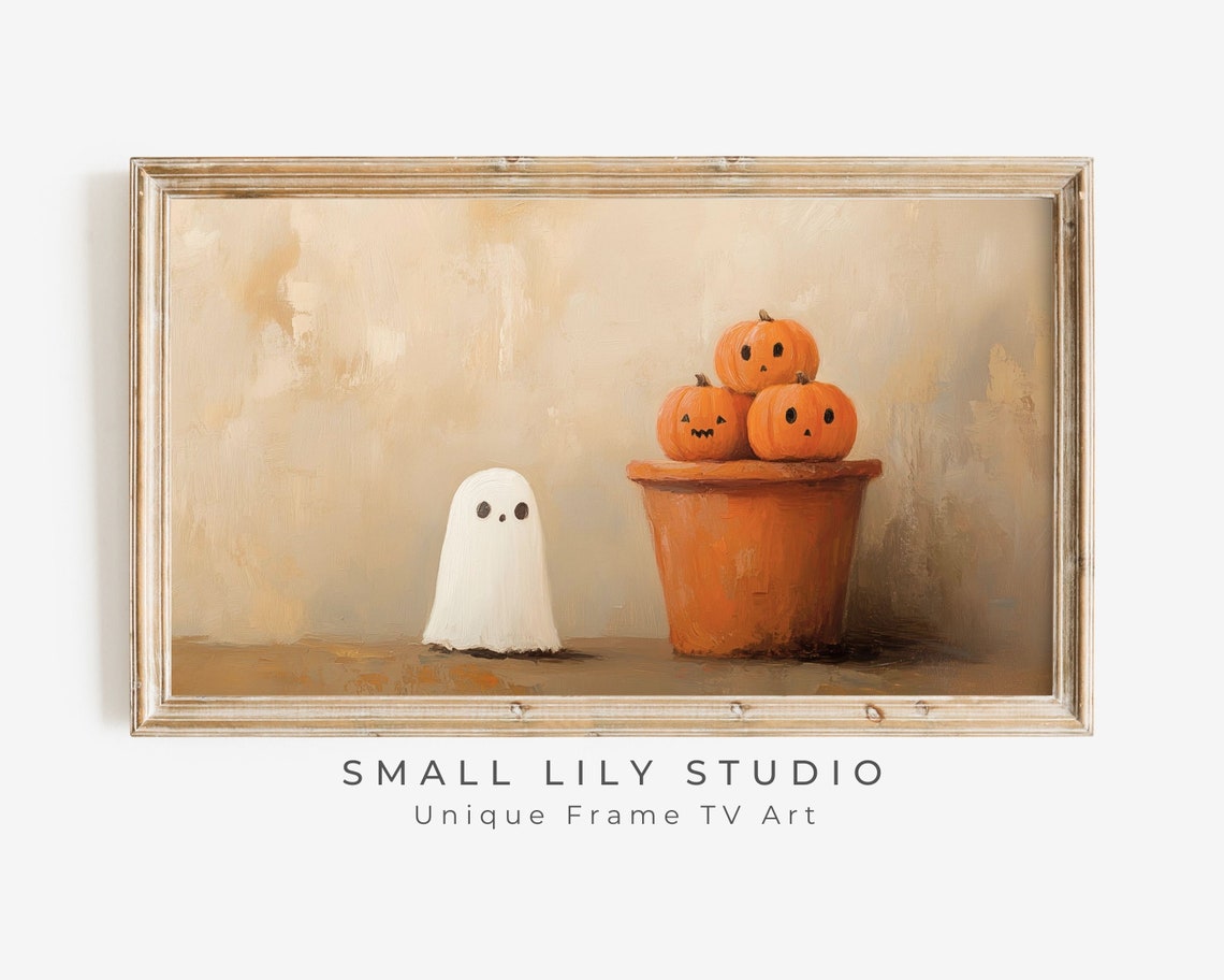 Halloween Frame Tv Art Cute Ghost And Pumpkin Stack Minimalist Halloween Frame Tv Art Fun Spooky Halloween Tv Artwork Tv419