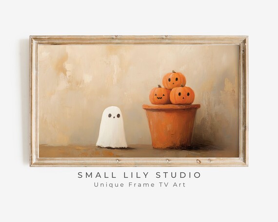 Cute Ghost Pumpkin Stack Terracotta Pot Minimalist Halloween Poster