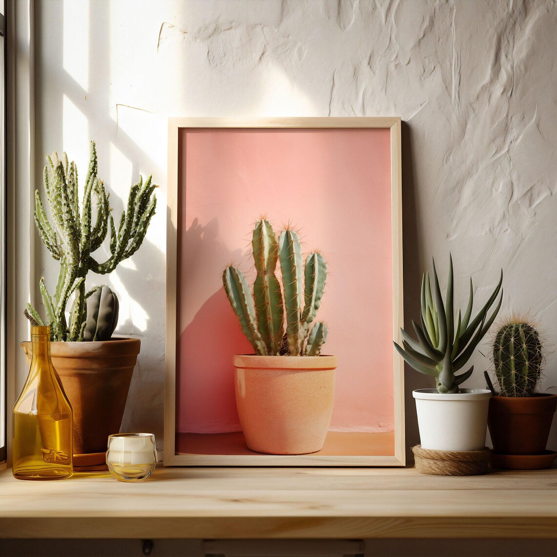 Potted Cactus In Terracotta Pot Against Coral Pink Wall Poster