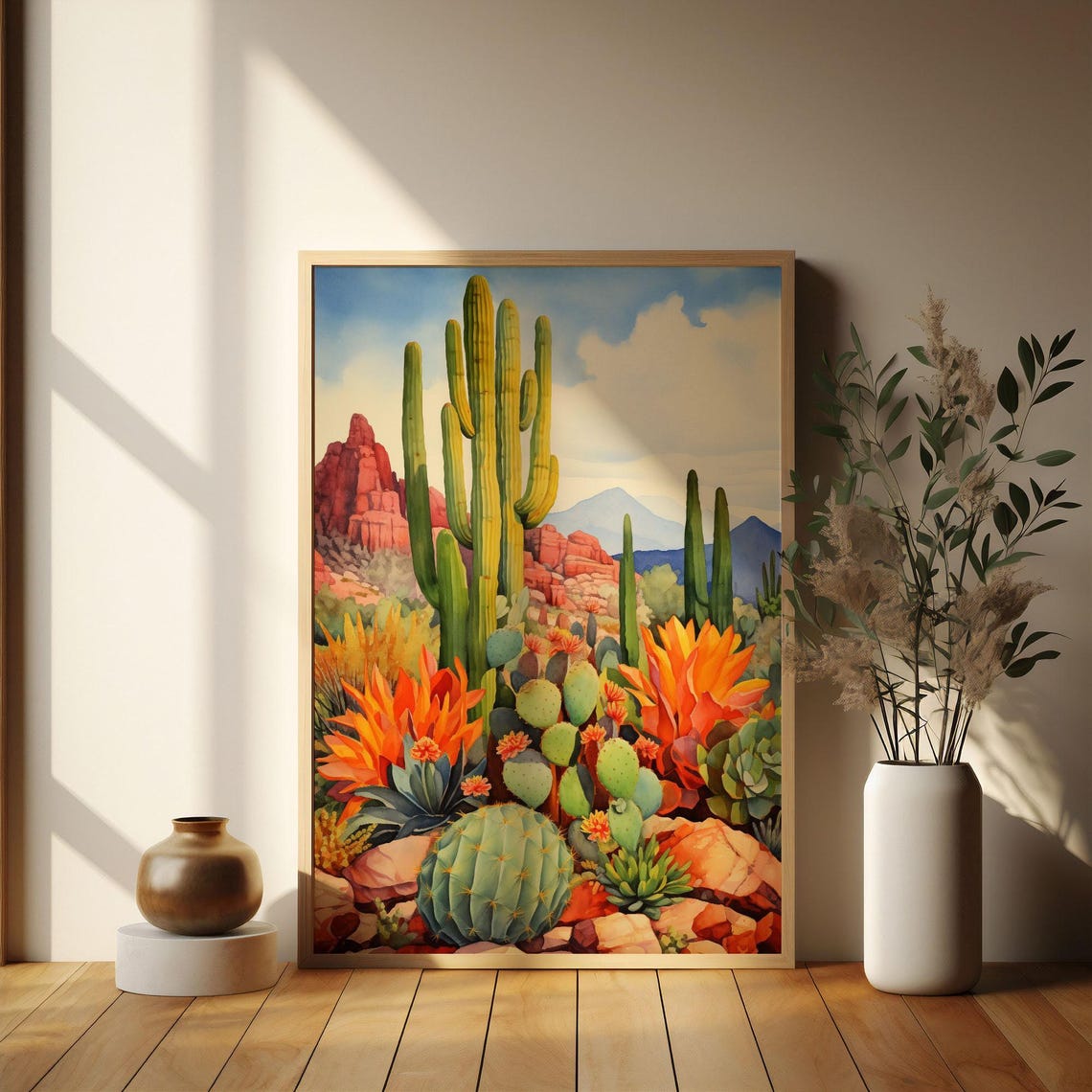 Desert Saguaro Red Rock Watercolor Prickly Pear Bloom Art Poster