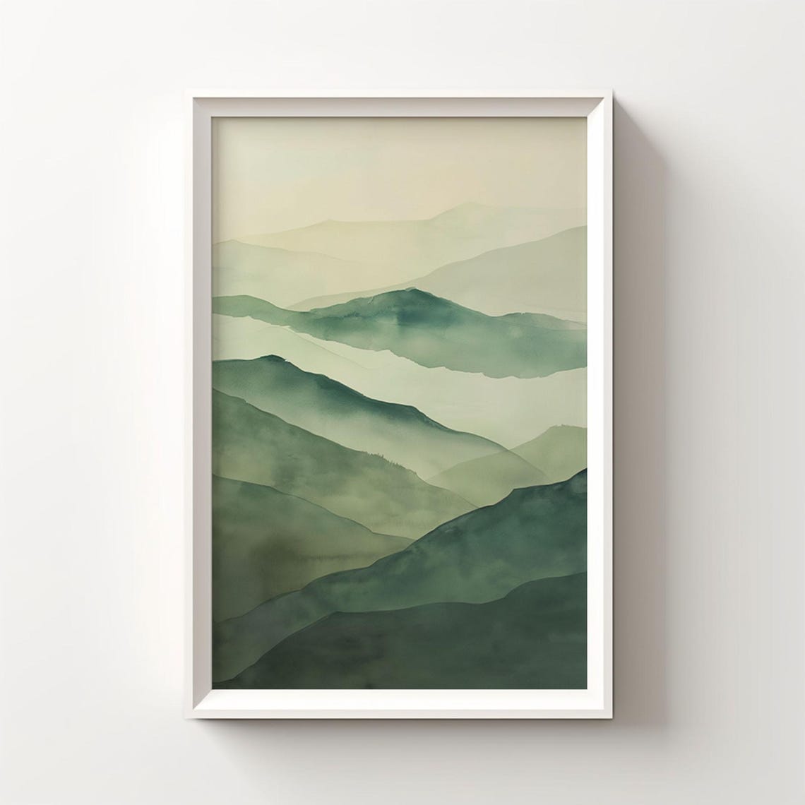 Misty Green Mountain Layers Watercolor Calm Landscape Poster