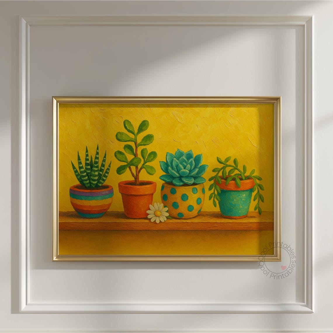 Colorful Potted Succulents Cactus Yellow Background Botanical Wall Art