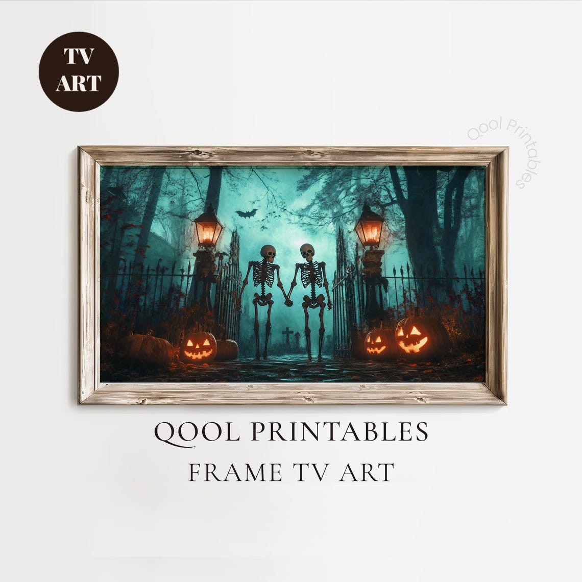 Spooky Skeletons Haunted Cemetery Gate Halloween Oil Painting Wall Art