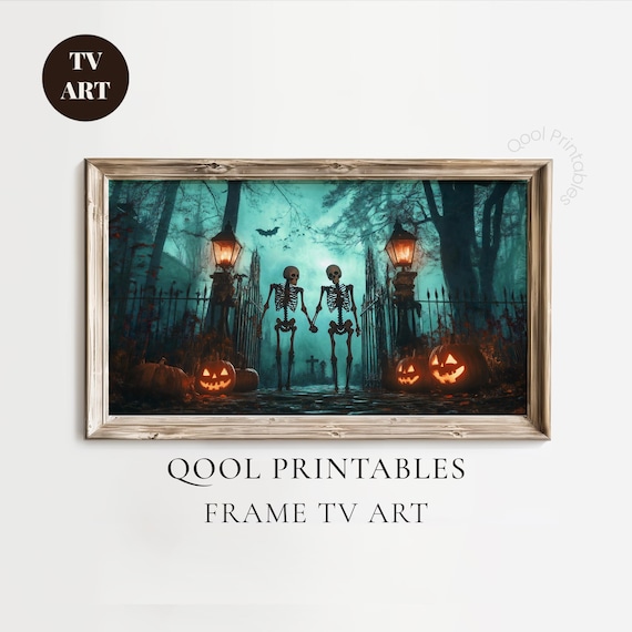 Spooky Skeletons Haunted Cemetery Gate Halloween Oil Painting Wall Art