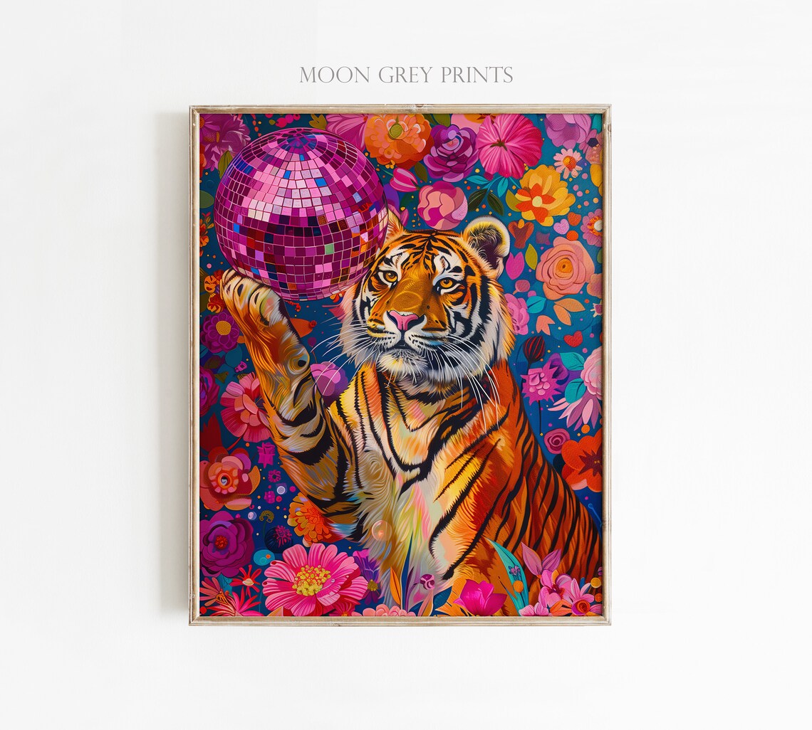 Tiger and Disco Ball, Vivid Maximalist Oil Painting - Image 3