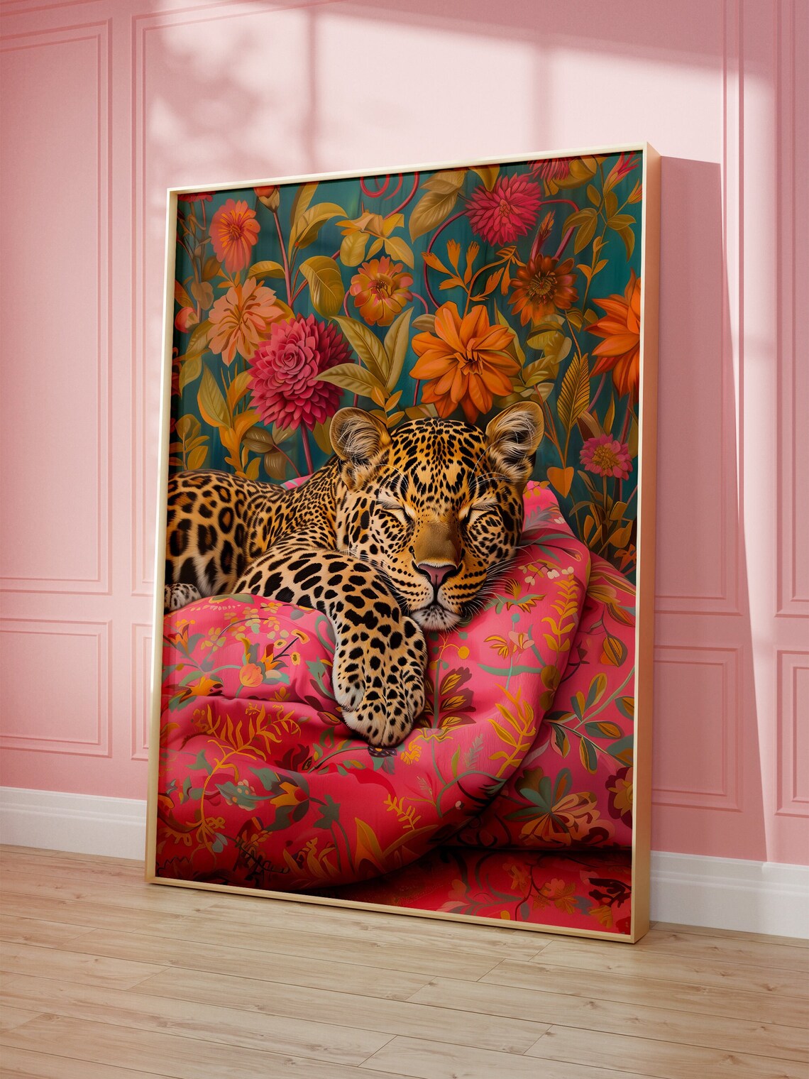 Sleeping Leopard Maximalist Oil Painting, Eclectic Floral