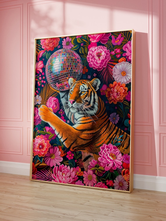 Tiger and Disco Ball, Maximalist Oil Painting
