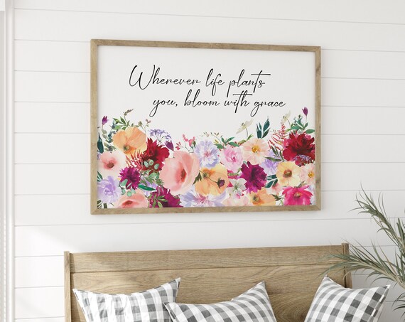 Bloom With Grace Quote Watercolor Floral Inspirational Poster