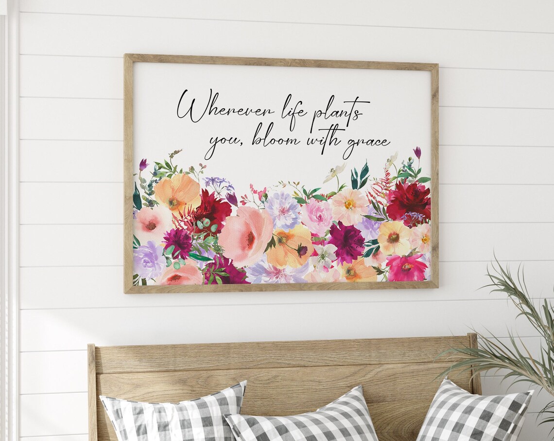 Bloom With Grace Quote Watercolor Floral Inspirational Poster