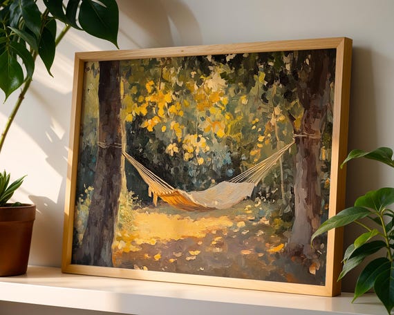 Lazy Summer Hammock Peaceful Forest Oil Style Print Dappled Light Nature Wall Art