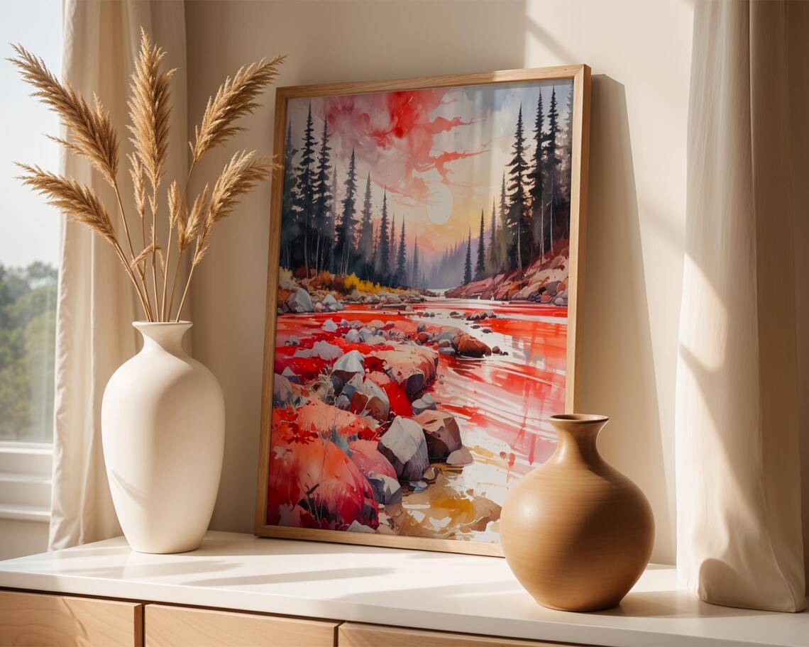 Forest River Sunset Watercolor, Rustic Nature Art Print - Image 2