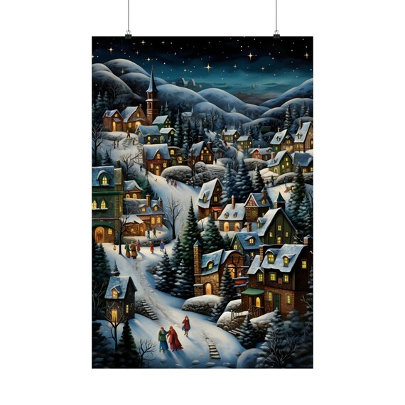 Starry Night Snowy Mountain Village Christmas Lights Town Poster