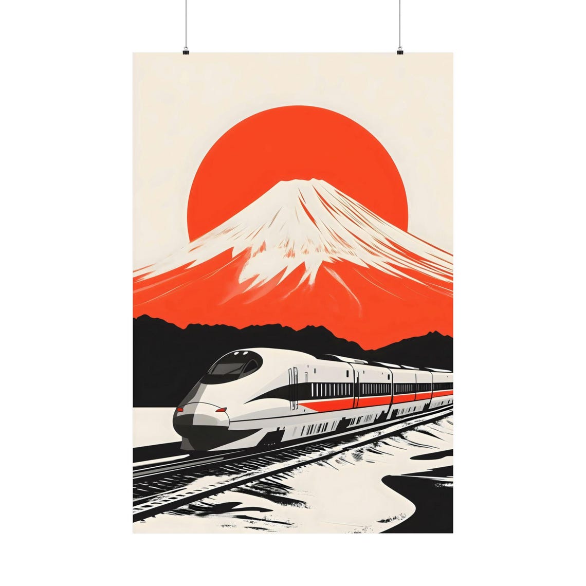 Shinkansen Mount Fuji Bold Red Sun Minimalist Japan Art Poster