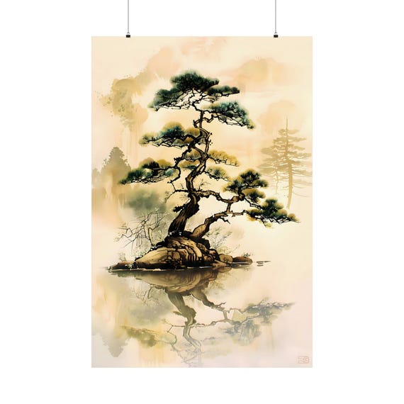 Japanese Black Pine Poster Japandi Wall Art Oriental Tree Decor Rock And Plant On Water Print Traditional Illustration Eastern Decoration