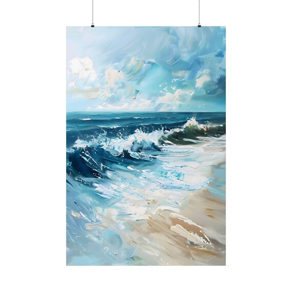 Sandy Beach Ocean Waves Poster Beachy Wall Art Abstract Painting Summer Vacation Print Seaside Holiday Decor Coastal Decoration Sea Artwork