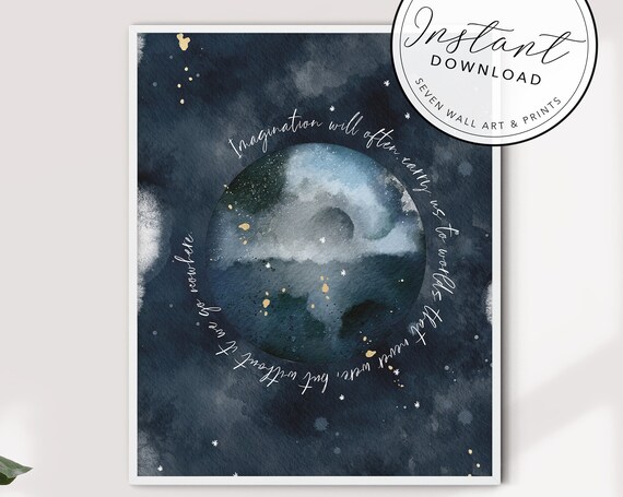 Carl Sagan Imagination Quote Full Moon Navy Watercolor Night Poster