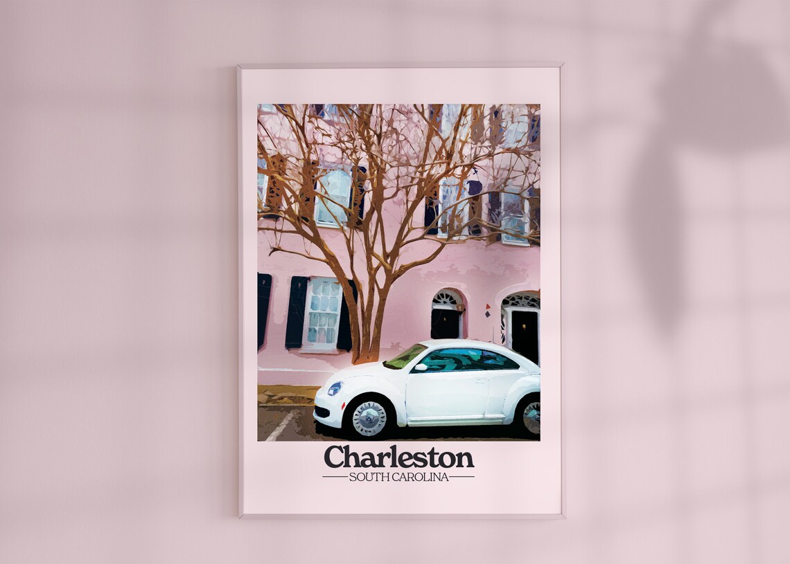 Charleston South Carolina Pink House White Beetle Street Travel Poster
