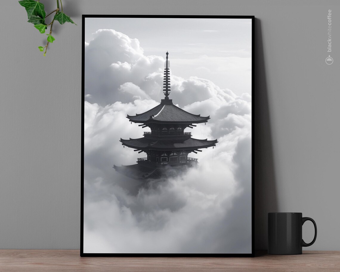 Japanese Pagoda Rising Above Clouds Minimalist Black White Poster