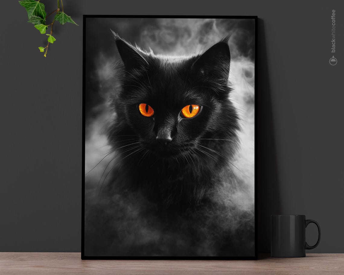 Black Cat with Glowing Orange Eyes Dark Halloween Art Poster