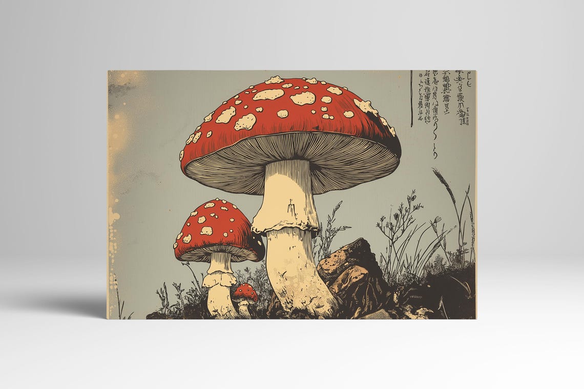 Japanese Woodblock Red Fly Agaric Mushroom Forest Art Poster - Image 3