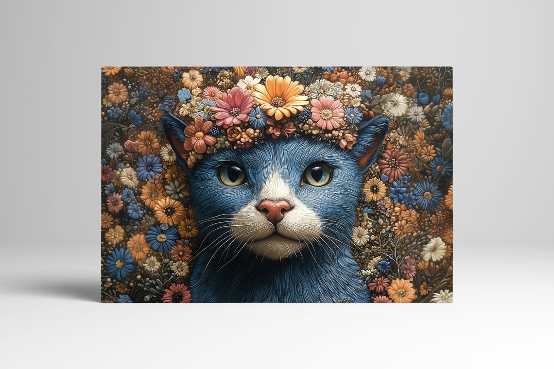 Blue Cat With Flower Crown Surrounded by Blooming Flowers Poster - Image 3