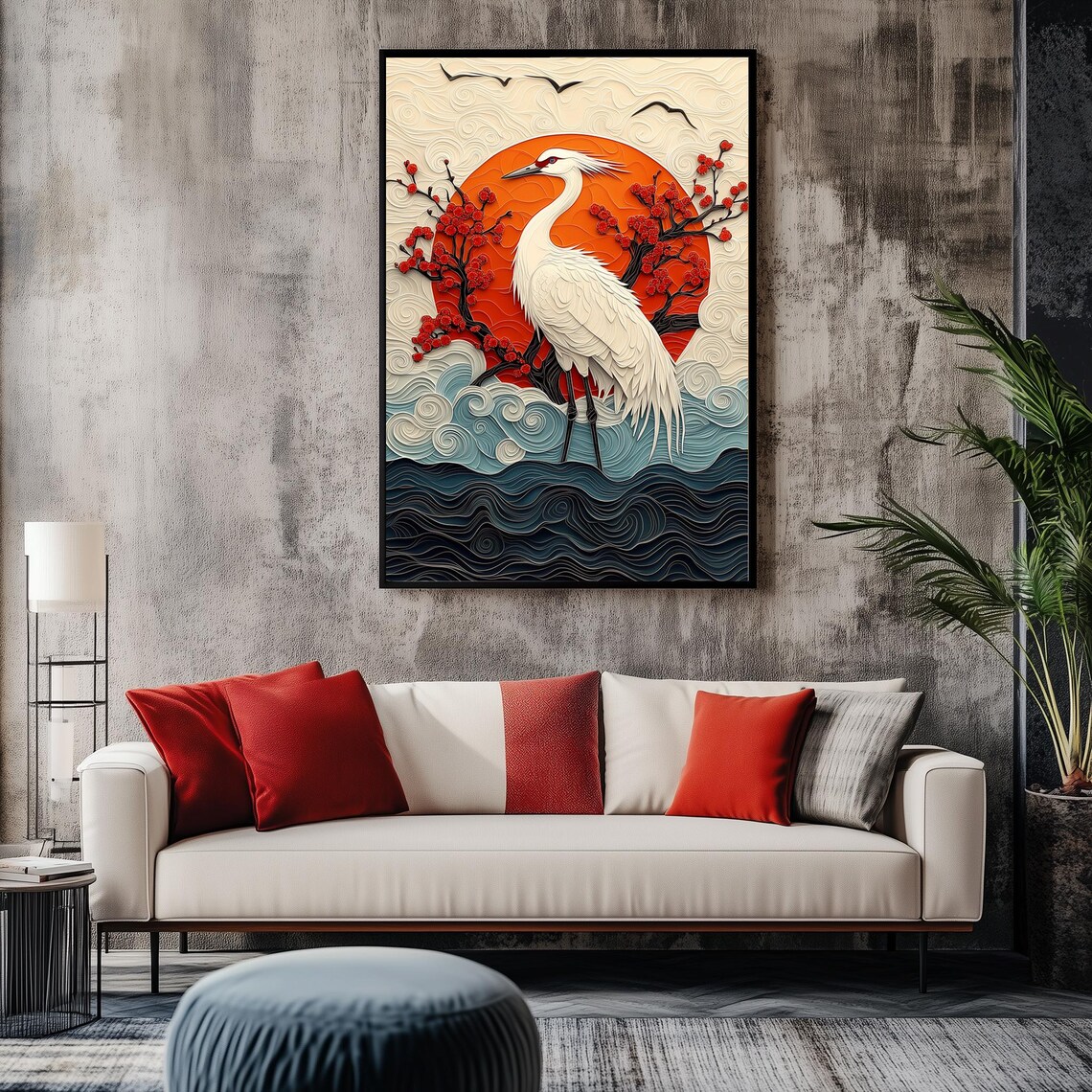 Japanese Paper Cut Crane With Red Sun and Cherry Blossoms Poster - Image 2