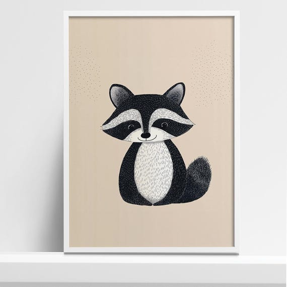 Monochrome Scandinavian Raccoon Art Print Minimalist Nordic Animal Illustration