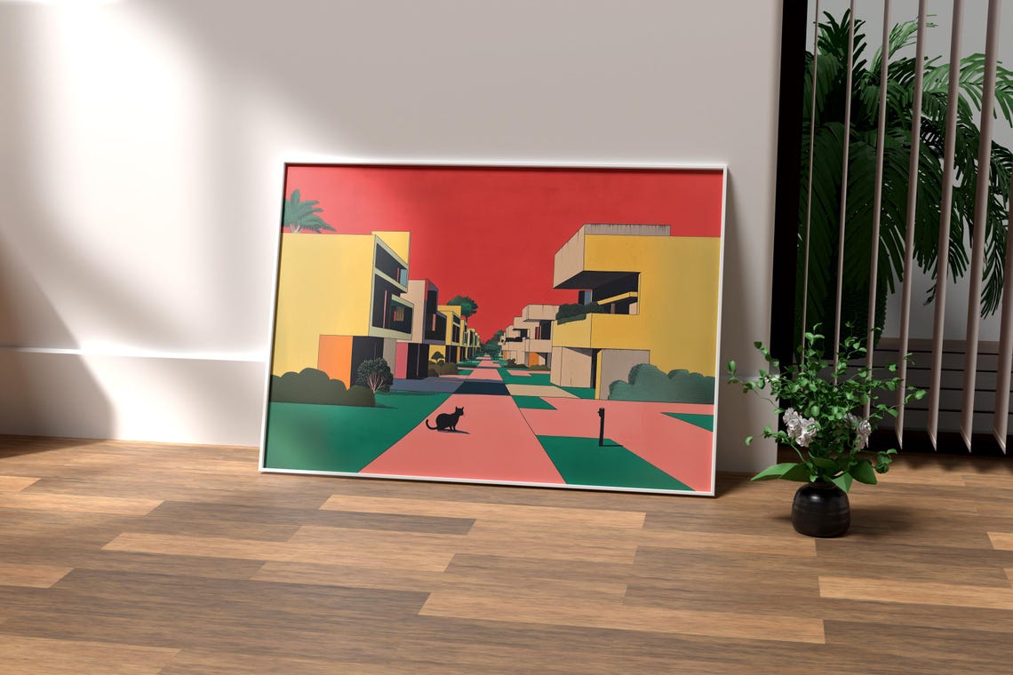 Modernist Architecture Street With Black Cat Under a Red Sky Poster - Image 2