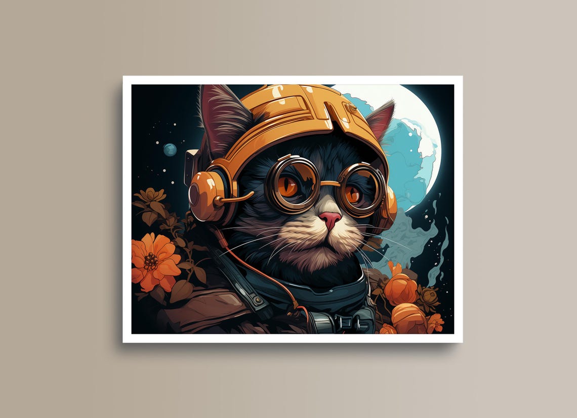 Black Cat Astronaut in Orange Helmet and Goggles Under the Moon Poster - Image 2