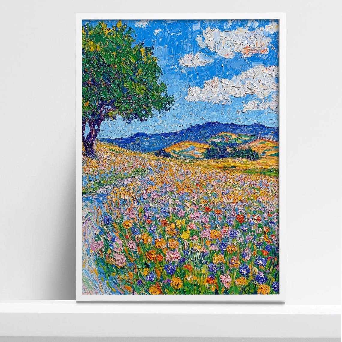 Wildflower Field With Tree and Hills Neo Impressionist Oil Poster