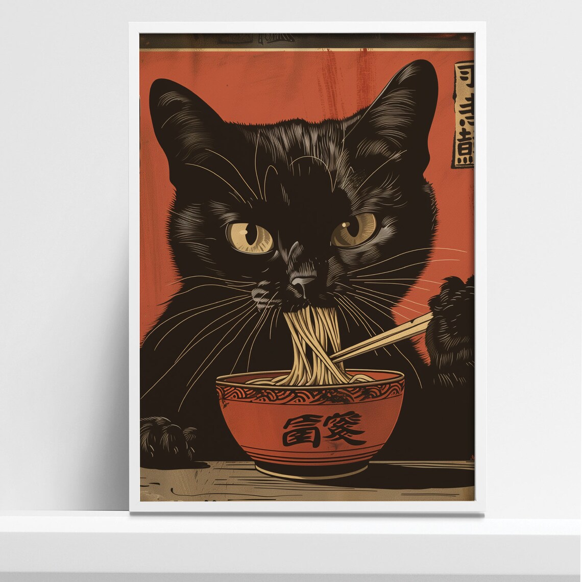 Black Cat Eating Noodles Japanese Edo Style Art Print
