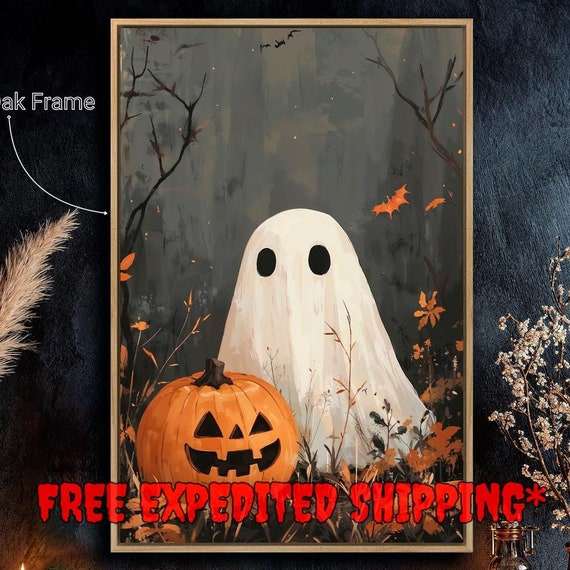 Ghost And Creepy Pumpkin Framed Wall Art Halloween Painting Print Haunting Decor Cute Ghostly Poster Fast Shipping Free Ready To Hang