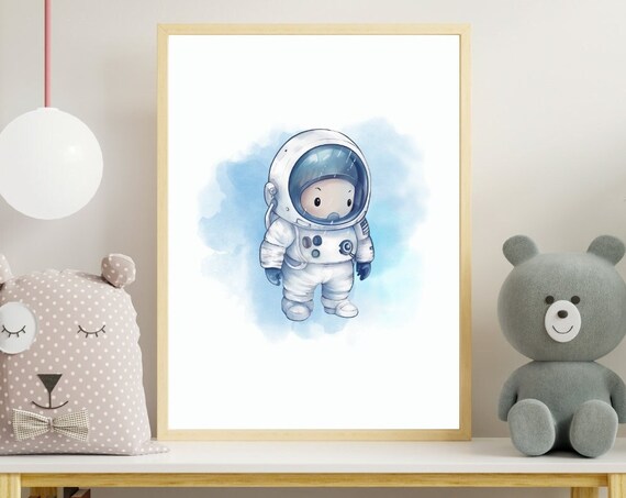 Cute Blue Astronaut Soft Watercolor Splash Kids Room Nursery Poster
