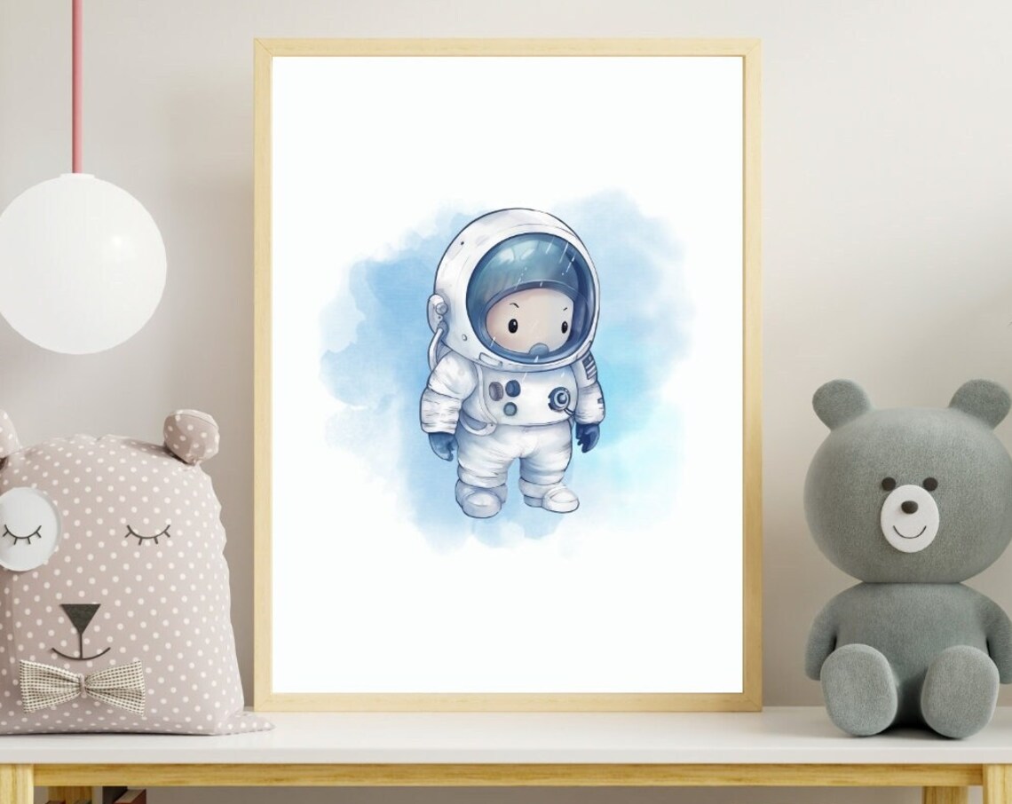 Cute Blue Astronaut Soft Watercolor Splash Kids Room Nursery Poster