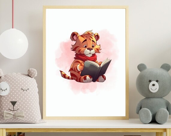Baby Tiger Reading Book Wearing Scarf Kids Room Nursery Wall Art
