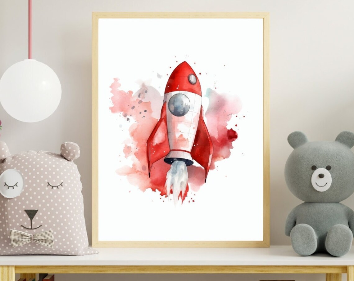 Red Rocket Ship Pink Watercolor Splash Kids Room Nursery Poster