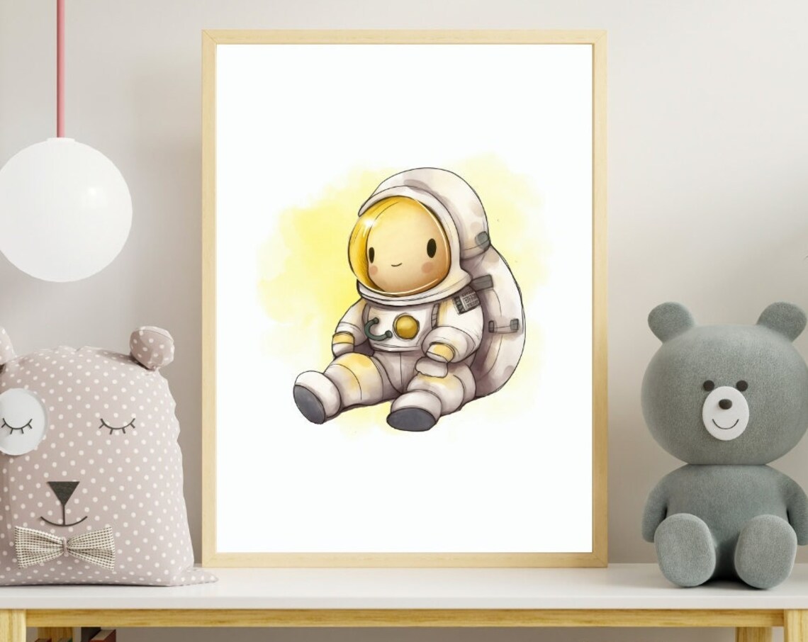 Cute Yellow Astronaut Soft Watercolor Splash Kids Room Nursery Poster