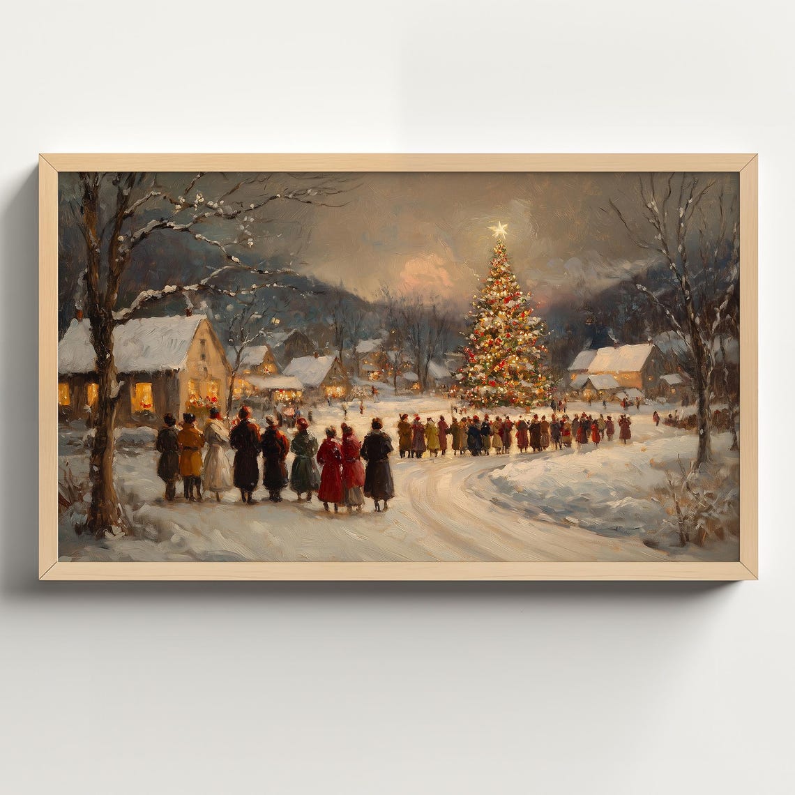 Village Crowd Gathered Around a Giant Christmas Tree at Dusk Poster