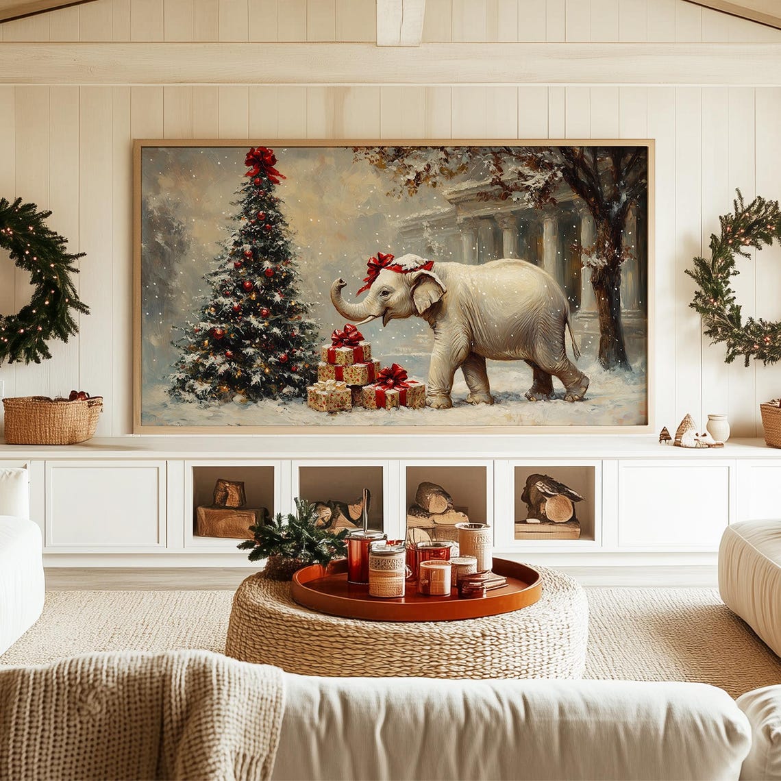 White Elephant With Red Bow Beside Christmas Tree Snowy Art Poster - Image 3