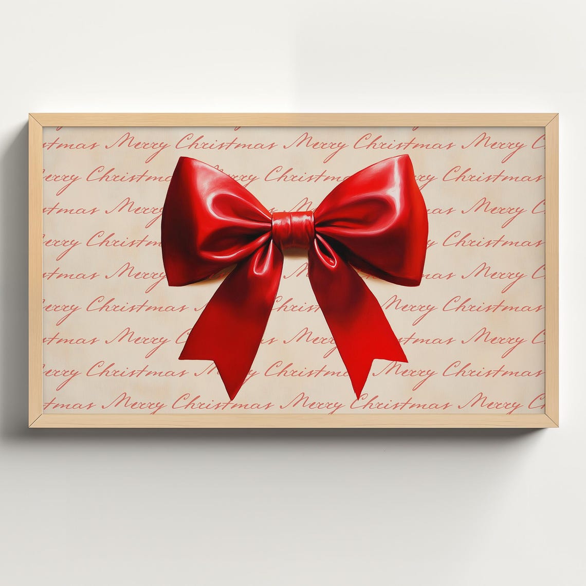 Red Bow on Merry Christmas Script Gift Wrap Pattern Wall Art