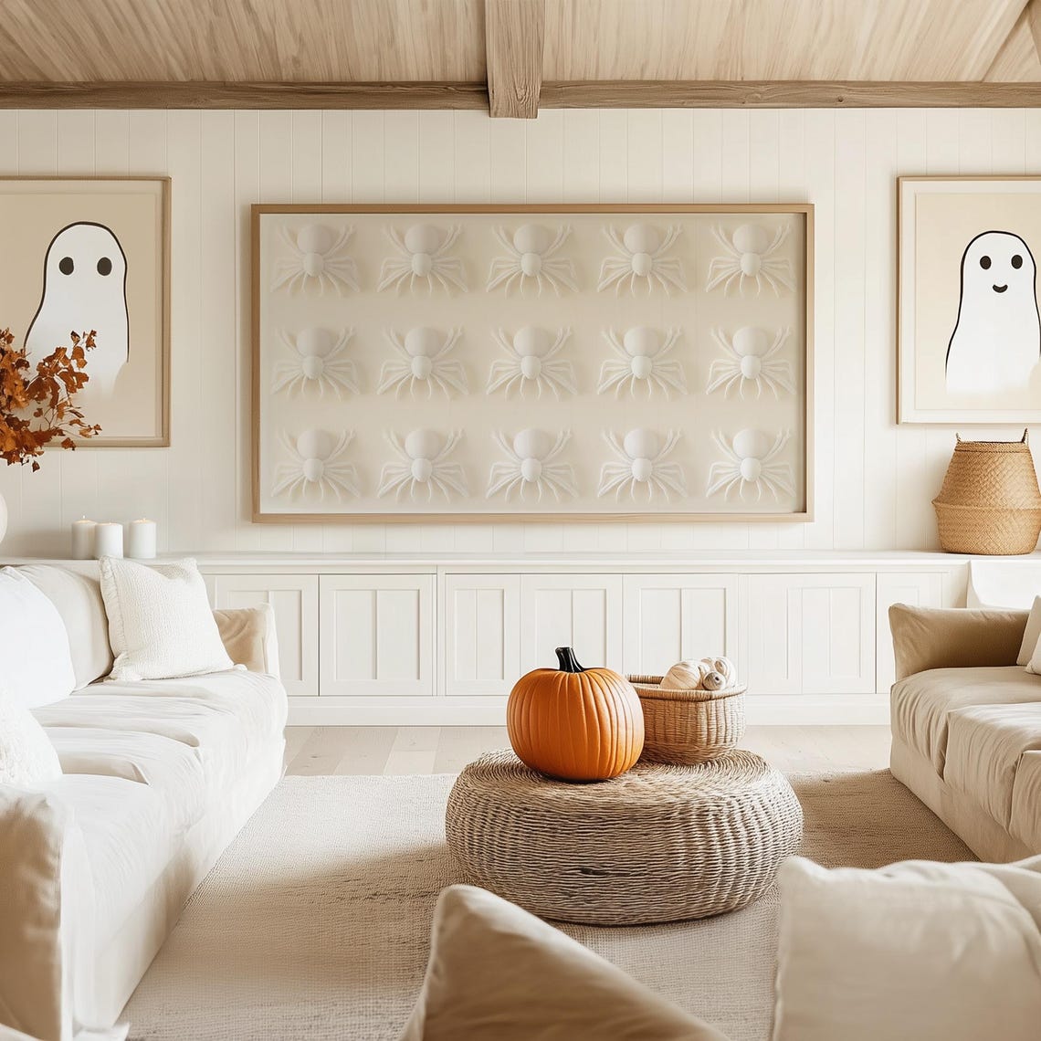 Grid of White 3D Spiders on Cream Minimalist Halloween Wall Art - Image 5