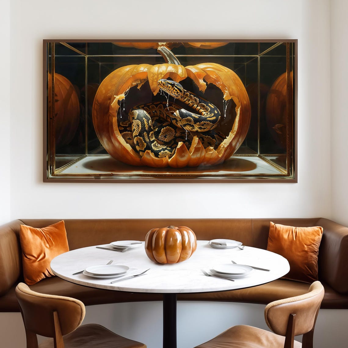 Ball Python Coiled Inside a Hollowed Pumpkin Aquarium Display Poster - Image 4